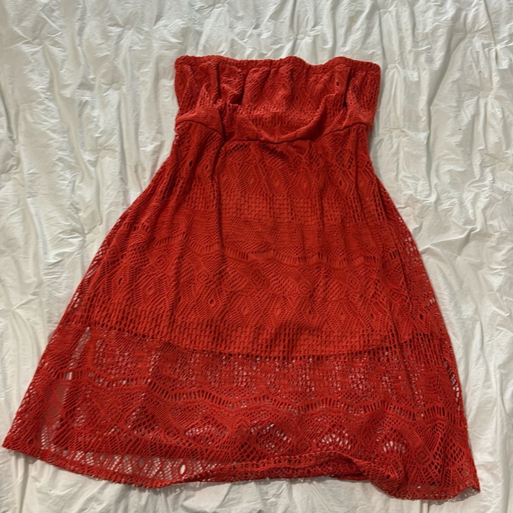Maurice’s strapless burnt orange crochet dress
